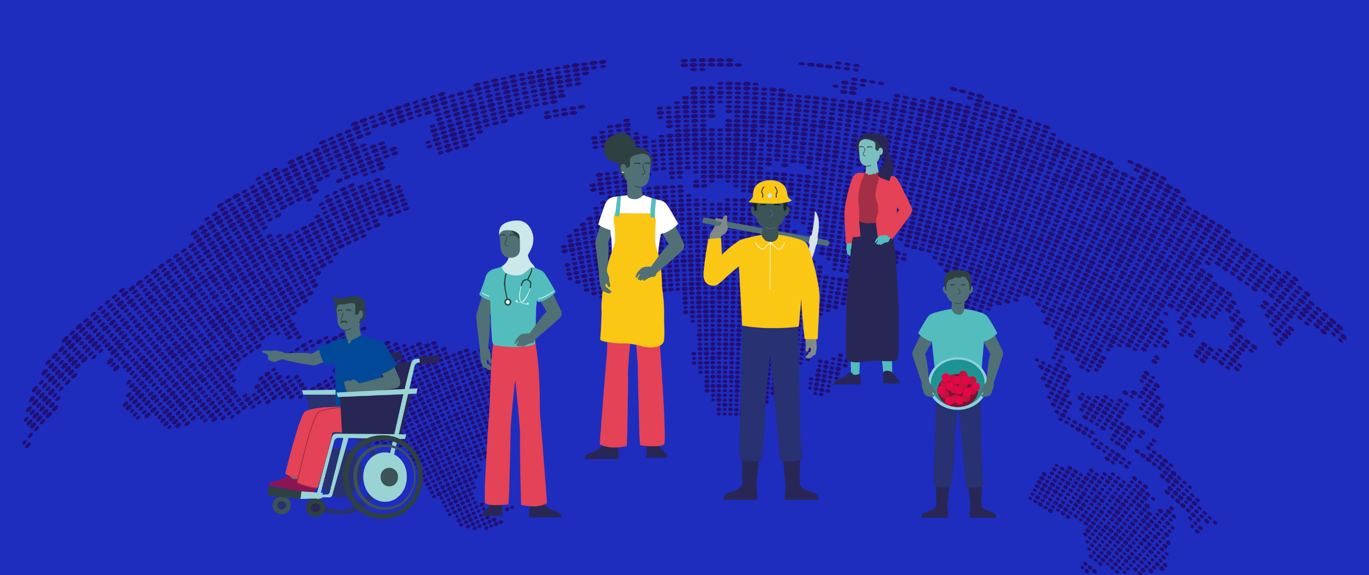 Infographic with diverse workers on blue background of world map